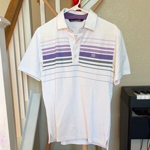 Travis Mathew White Polo with Purple and Gray Stripes